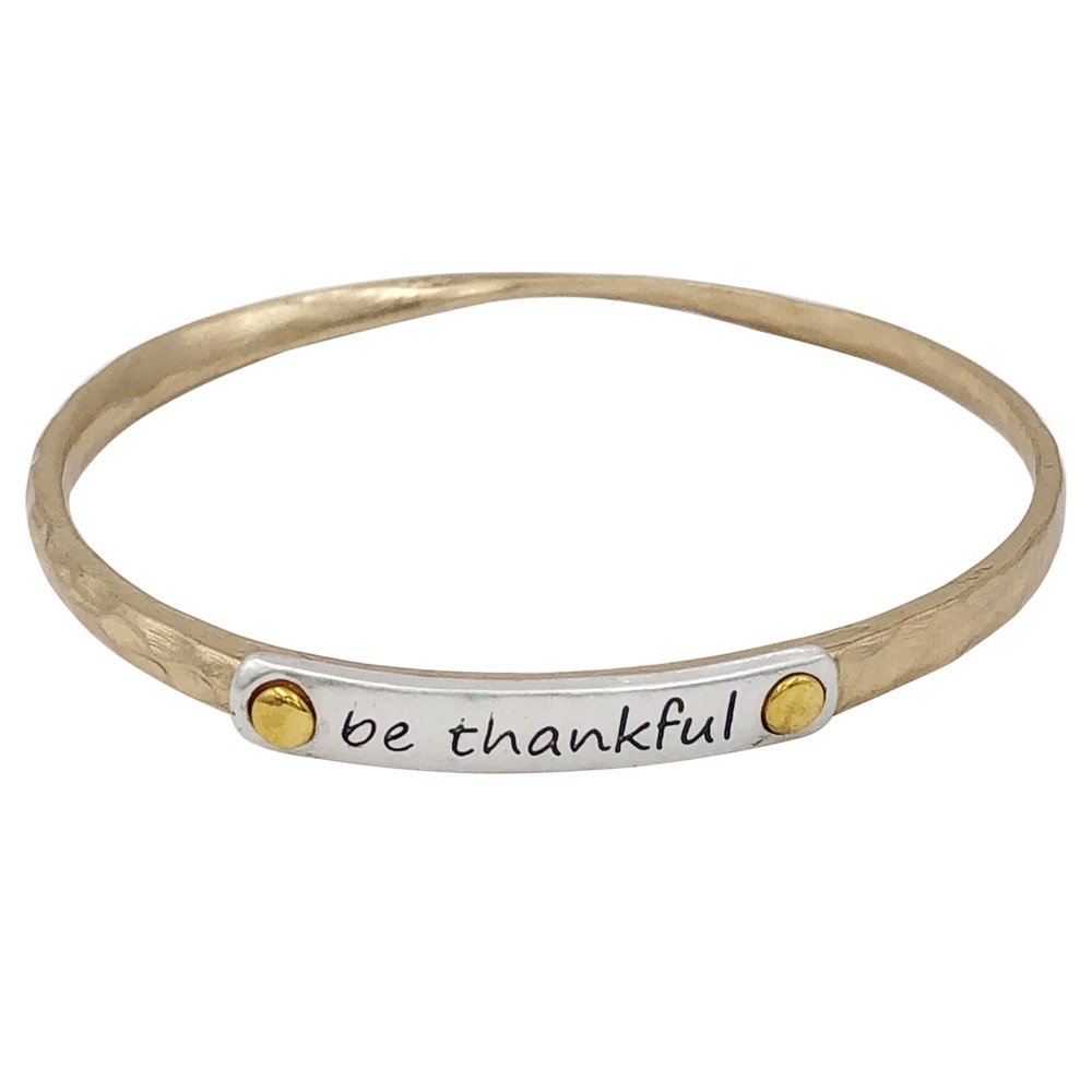 BE THANKFUL Worded Inspirational Thin 2- Tone Bangle Bracelet